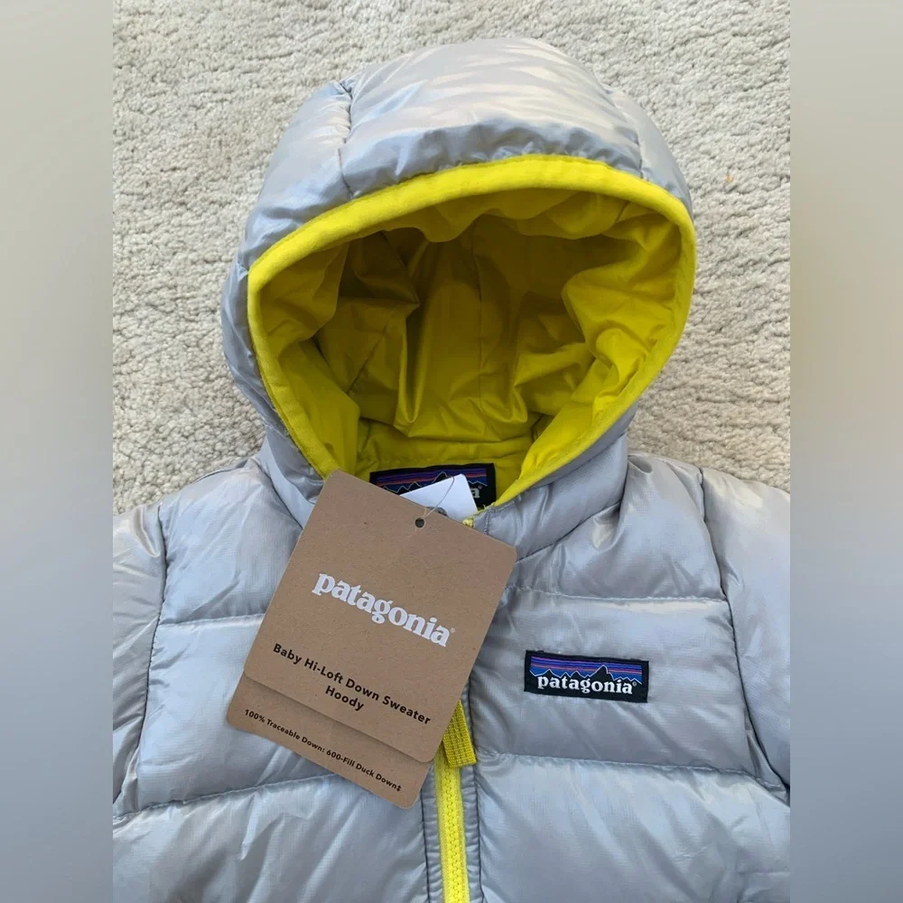 Patagonia NWT Size 3-6 Months Baby Hi-Loft Down Sweater Hoody Grey Puffer Coat
